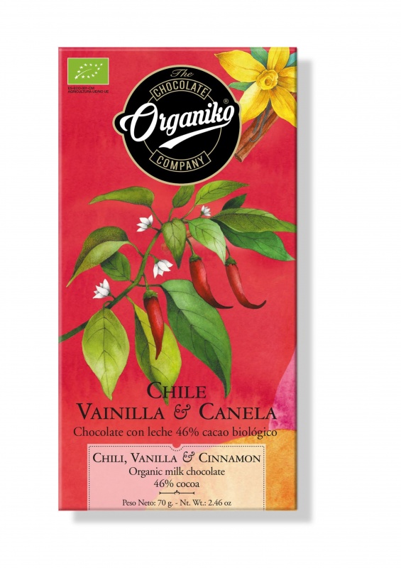 Молочный шоколад 46% какао с чили, ванилью и корицей Organiko 70 г