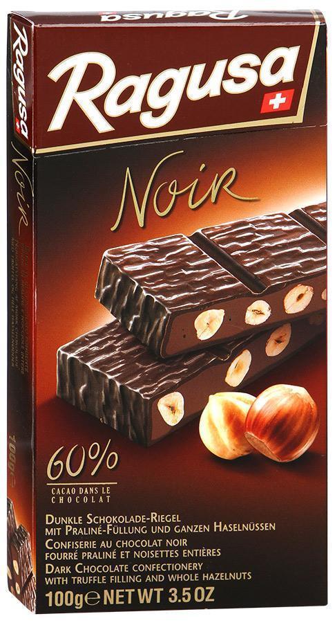 Горький шоколад Ragusa Noir с трюфельной начинкой и целыми лесными орехами 100г