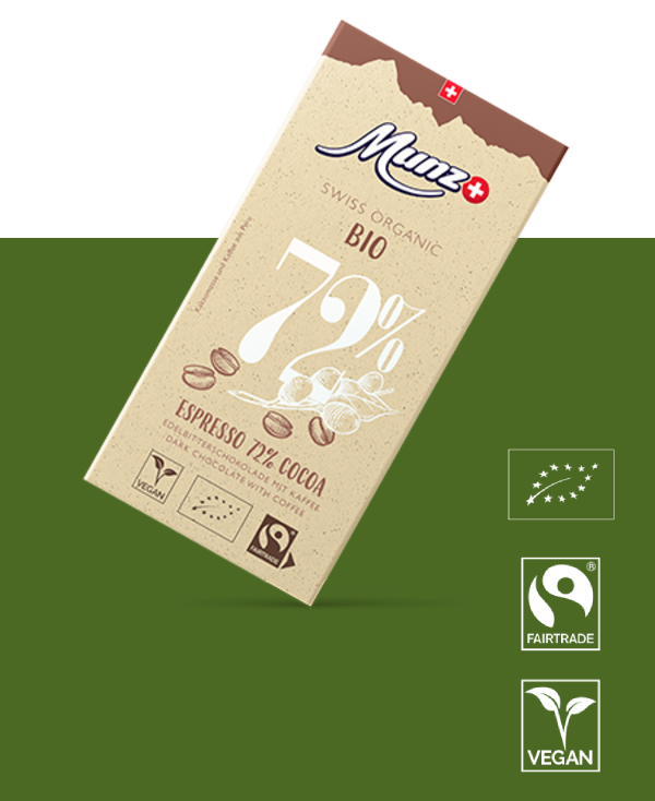 Горький шоколад MUNZ Organic 72% какао с кофе 100г.