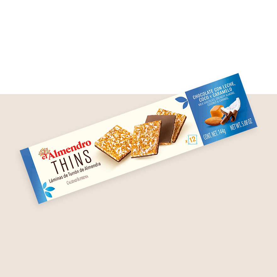 Хрустящий миндальный туррон с молочным шоколадом, карамелью и кокосом 144 гр.