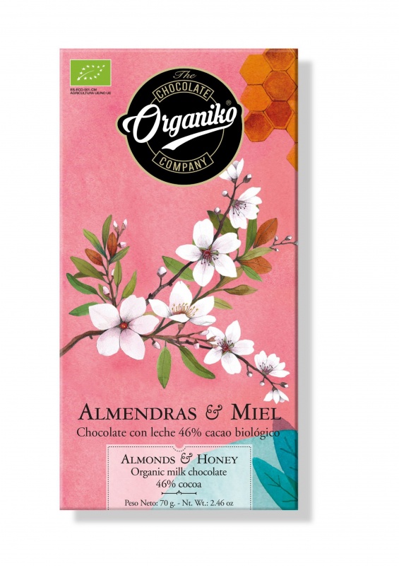 Молочный шоколад 46% какао с миндалем и медом Organiko 70 г