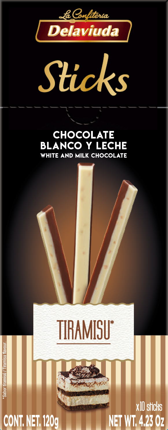 Шоколадный туррон Delaviuda из белого и молочного шоколада со вкусом тирамису (палочки) 120 гр.